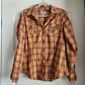 Roper Women's Long Sleeve Snap Orange Plaid Western Shirt Medium